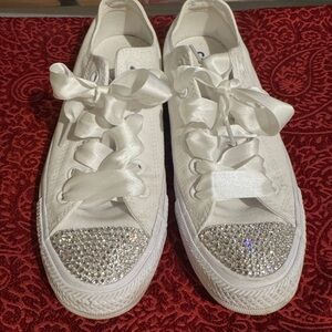 Converse White Rhinestone Toe Satin-Lace Sneakers